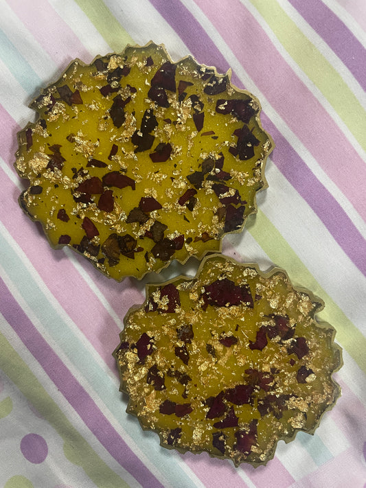 Yellow with gold flakes and rose petals Small Irregular Round Coasters - Set of 2