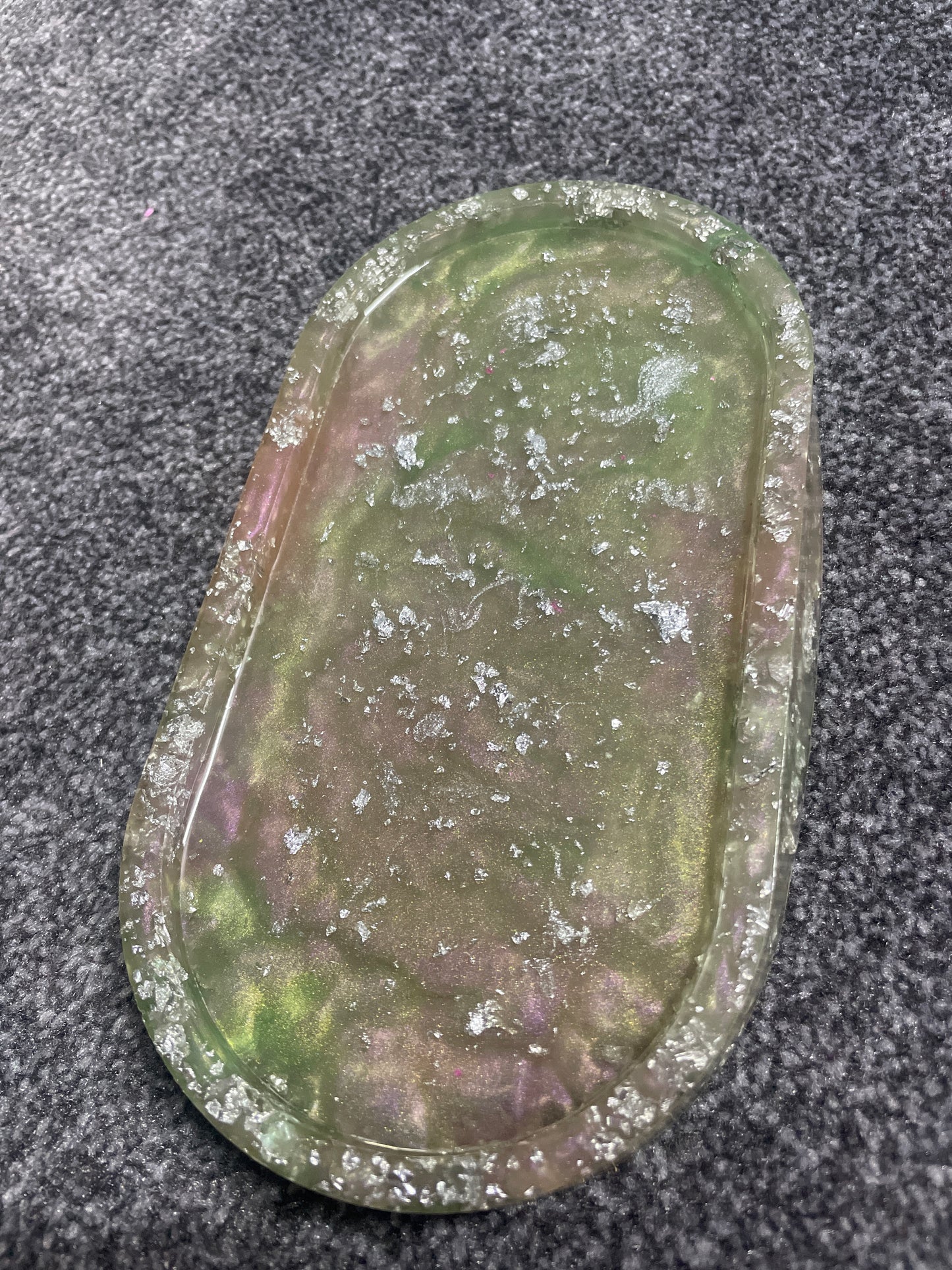 Light pink and light green with silver Flakes Oval Resin Trinket Tray