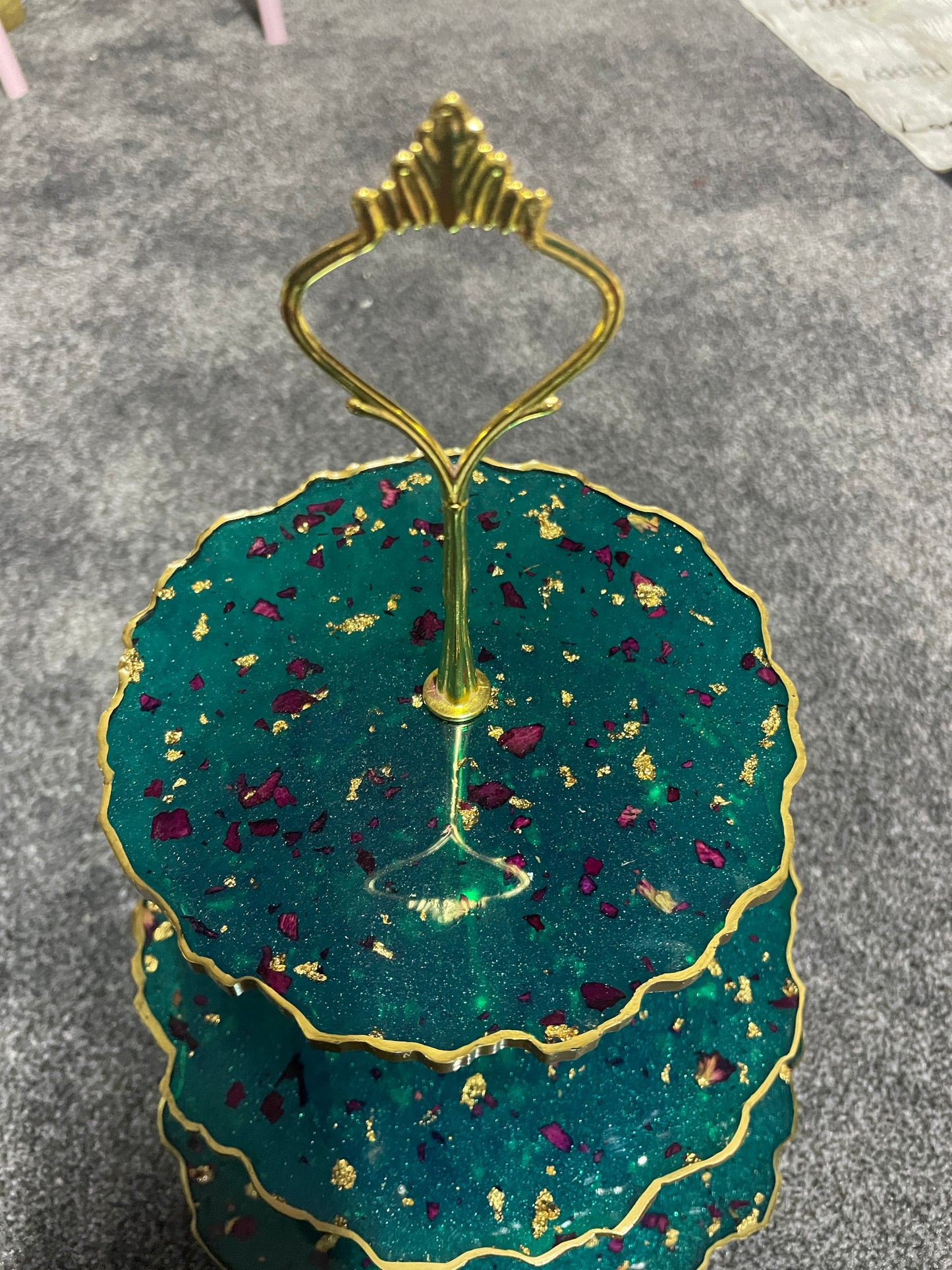 Sparkly Green with rose petals and gold flakes Three Tier Resin Cake Stand