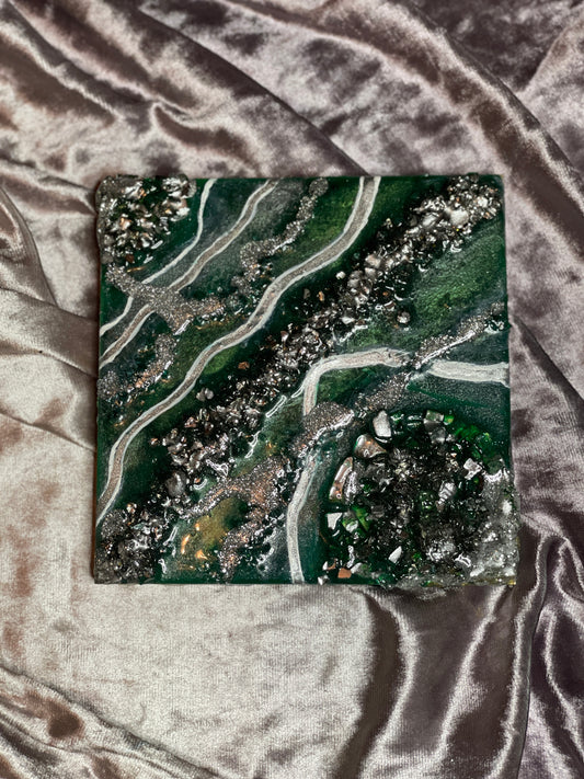 Green and silver Mini Resin Geode Wall Art