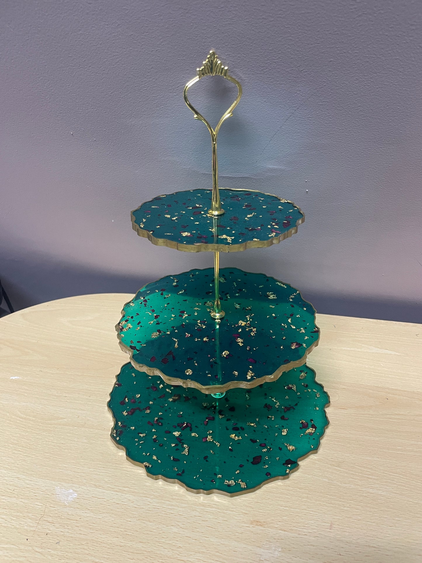 Sparkly Green with rose petals and gold flakes Three Tier Resin Cake Stand