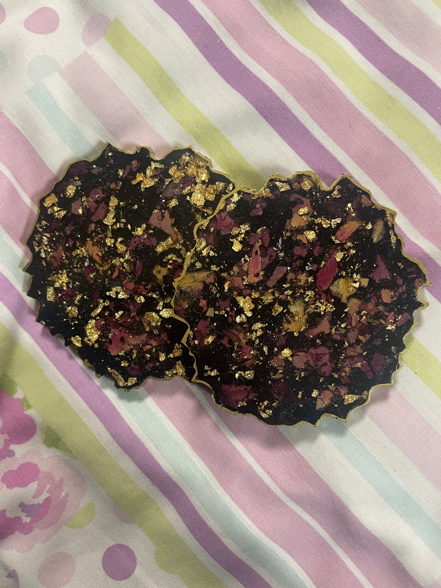 Black with gold flakes and rose petals Small Irregular Round Coasters - Set of 2