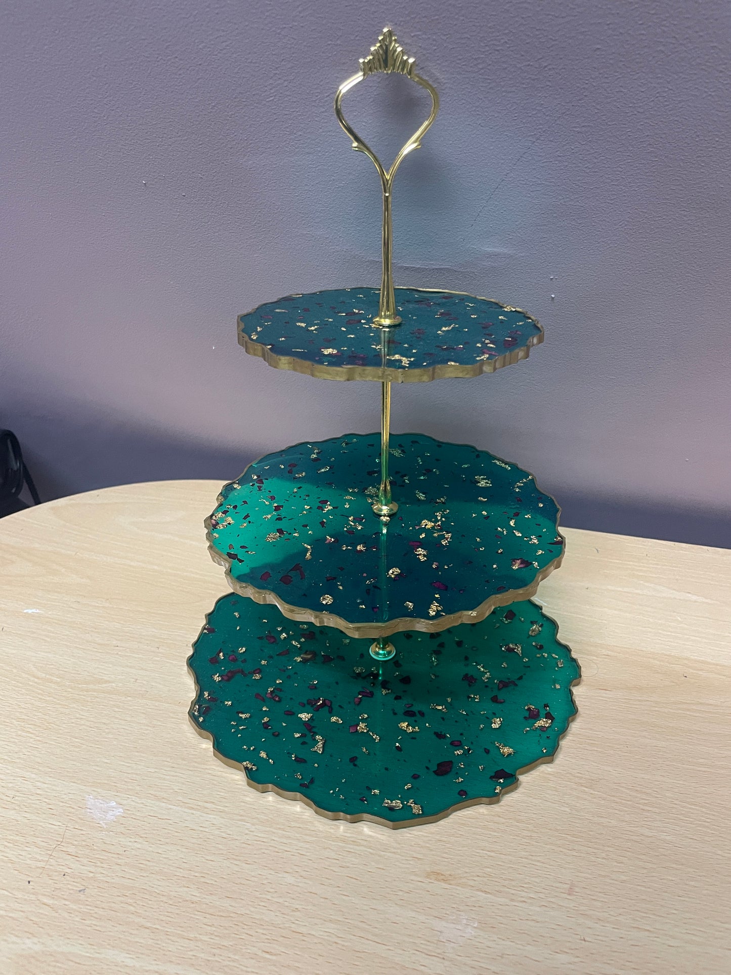 Sparkly Green with rose petals and gold flakes Three Tier Resin Cake Stand