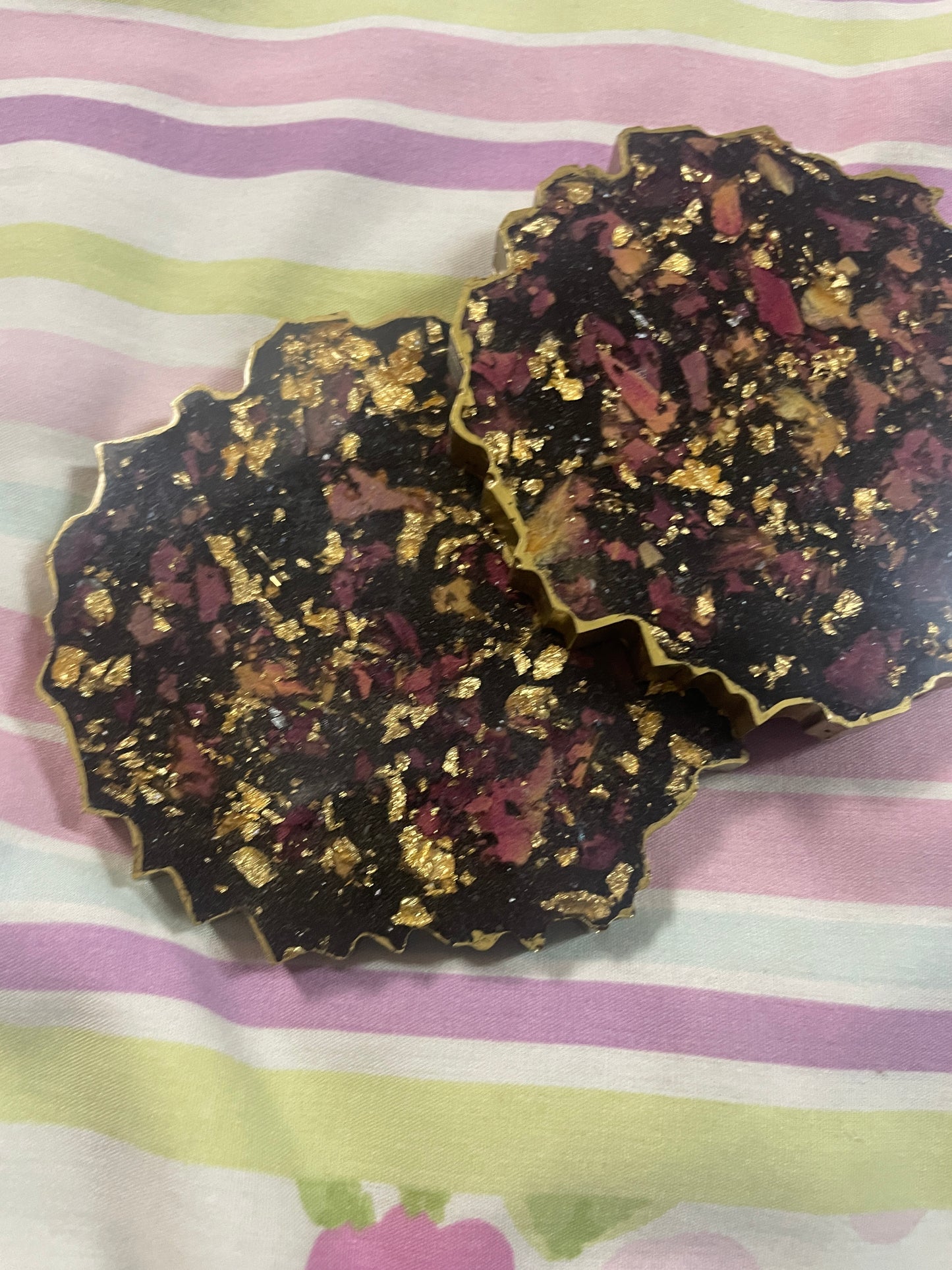 Black with gold flakes and rose petals Small Irregular Round Coasters - Set of 2