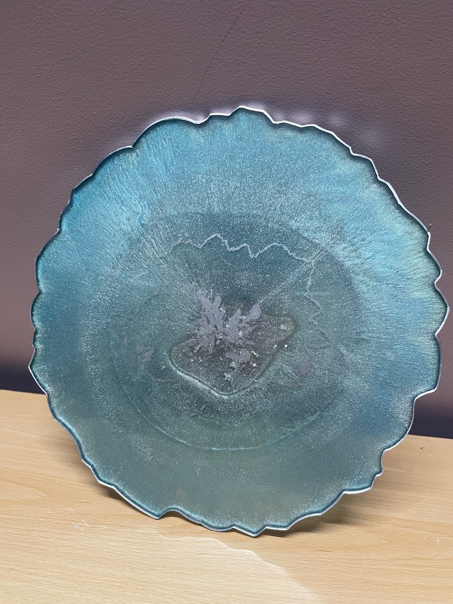 Teal, bluey green and silver with silver flakes - Round Resin Placemat