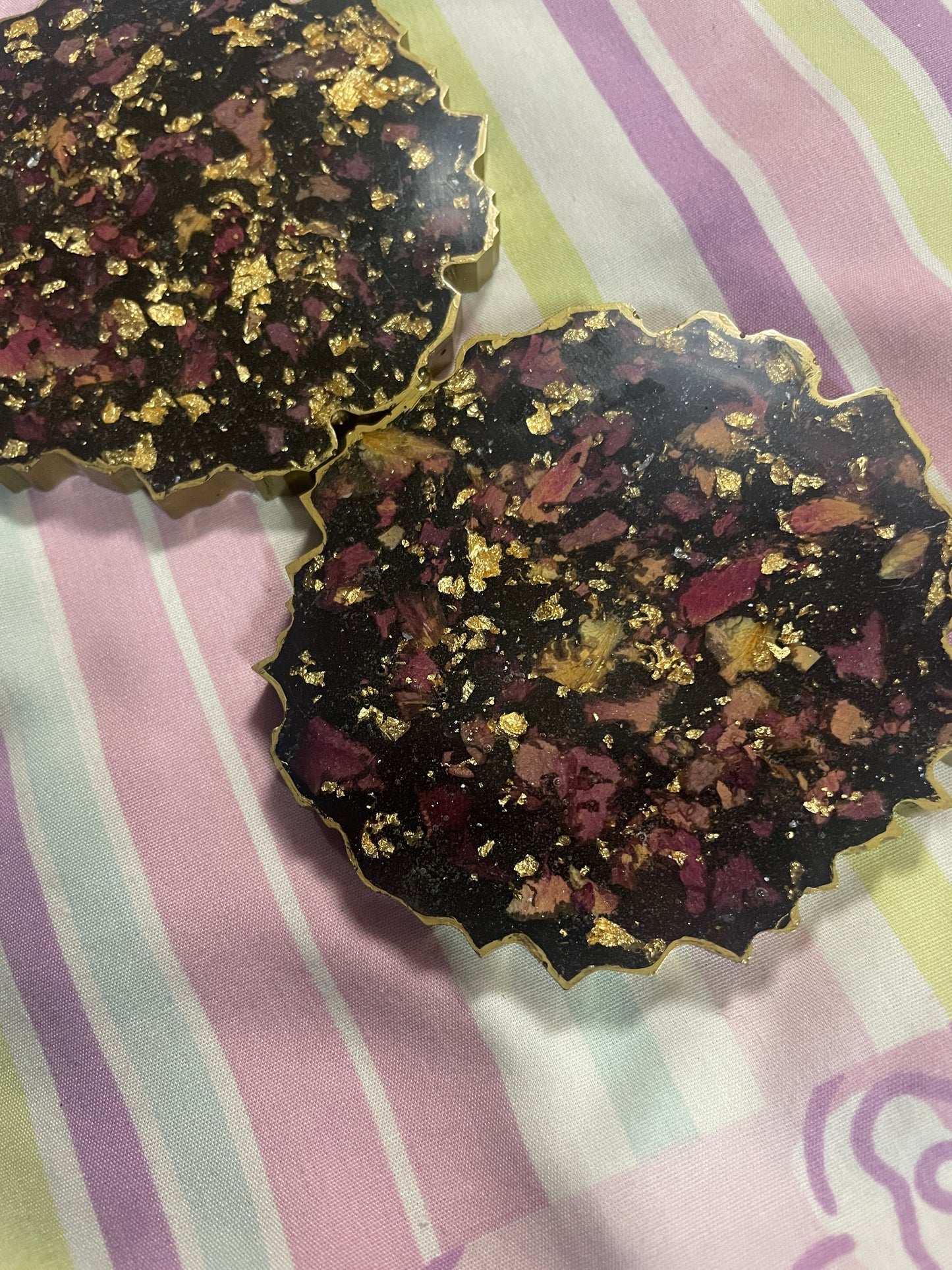 Black with gold flakes and rose petals Small Irregular Round Coasters - Set of 2