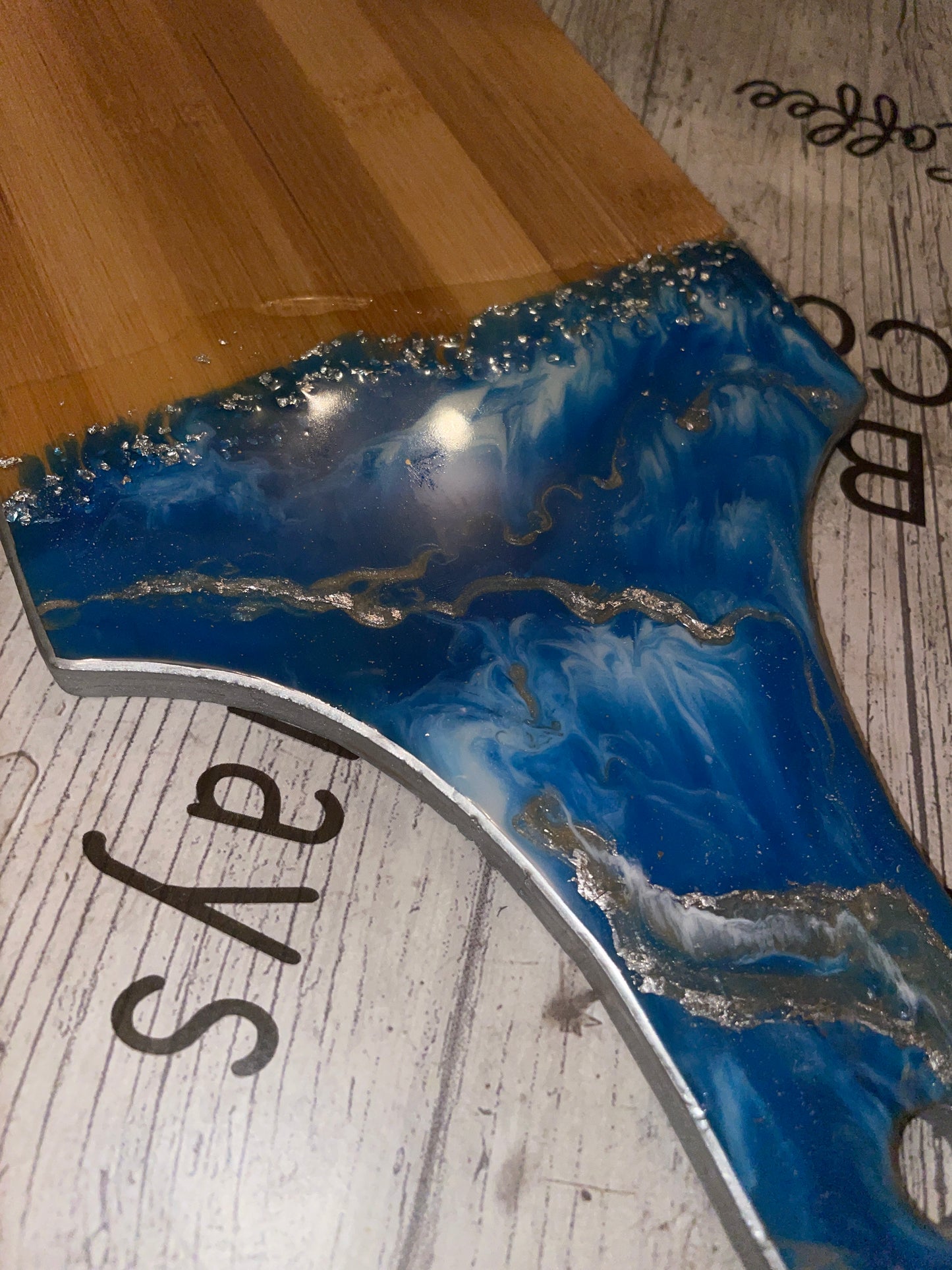 Blue, white and silver, Bamboo Charcuterie Paddle Board 48x15cm