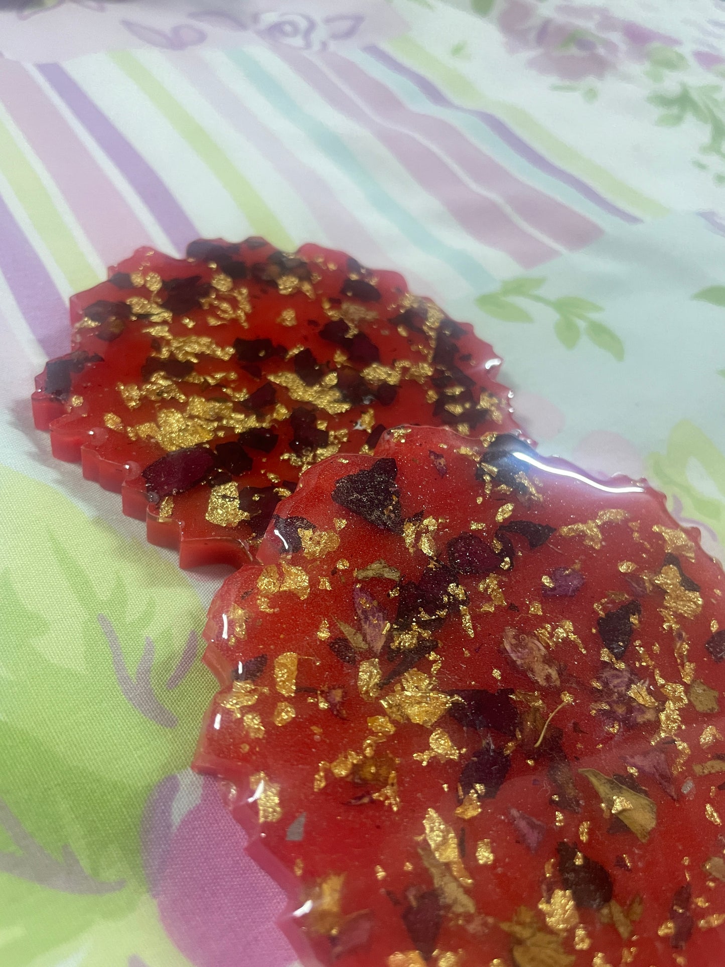 Red with gold flakes and rose petals Small Irregular Round Coasters - Set of 2