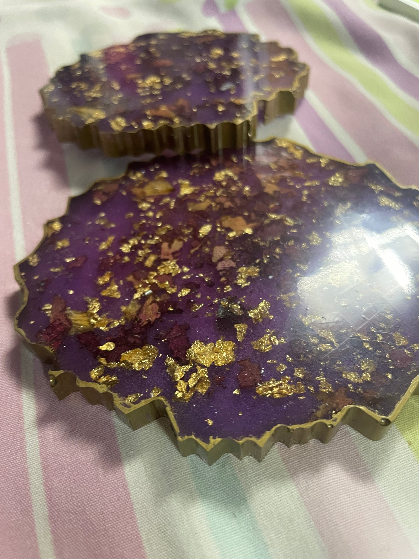 Purple with gold flakes and rose petals Small Irregular Round Coasters - Set of 2