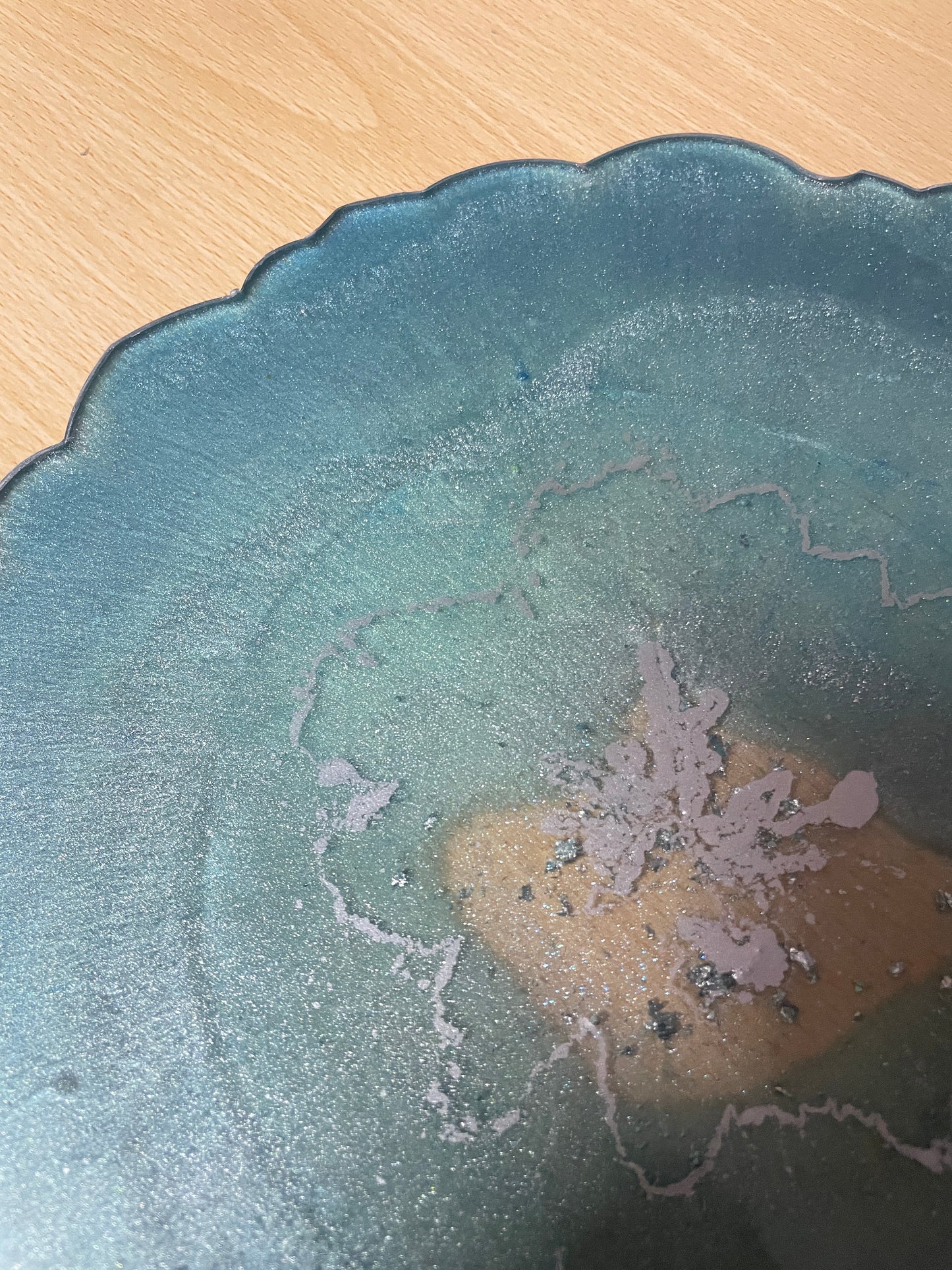 Teal, bluey green and silver with silver flakes - Round Resin Placemat