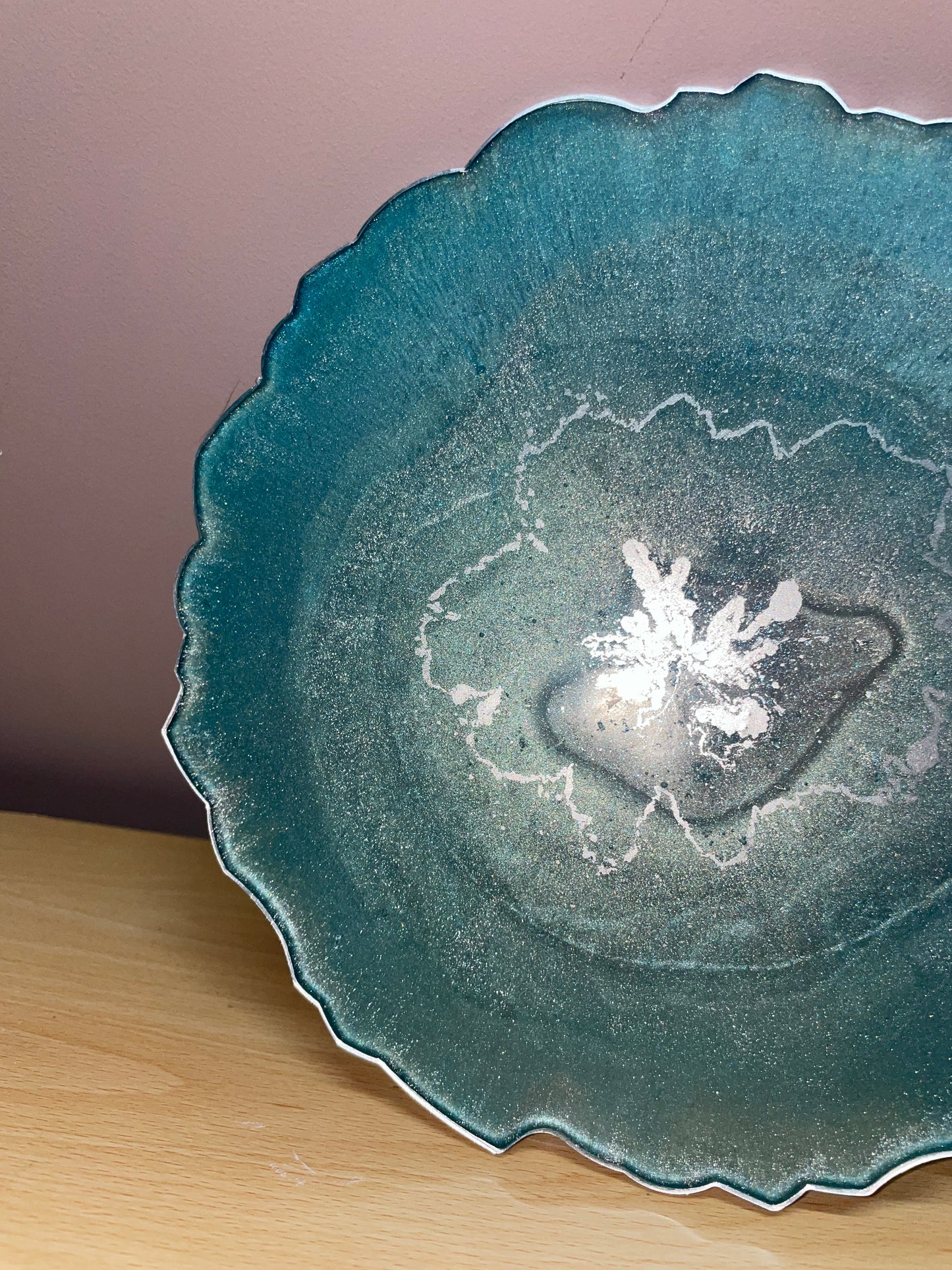 Teal, bluey green and silver with silver flakes - Round Resin Placemat