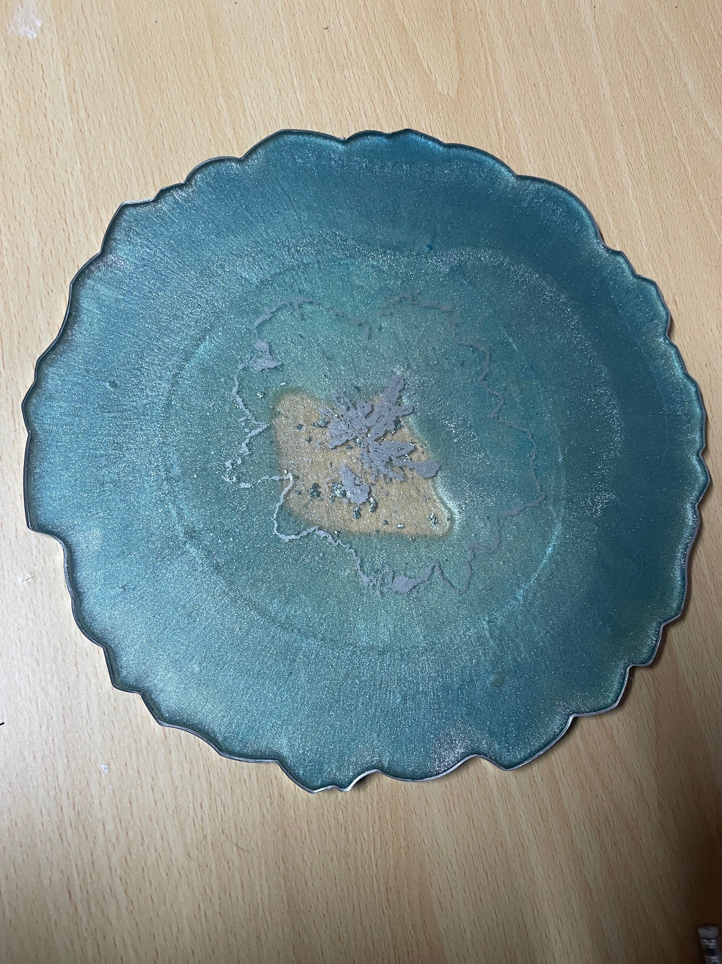 Teal, bluey green and silver with silver flakes - Round Resin Placemat