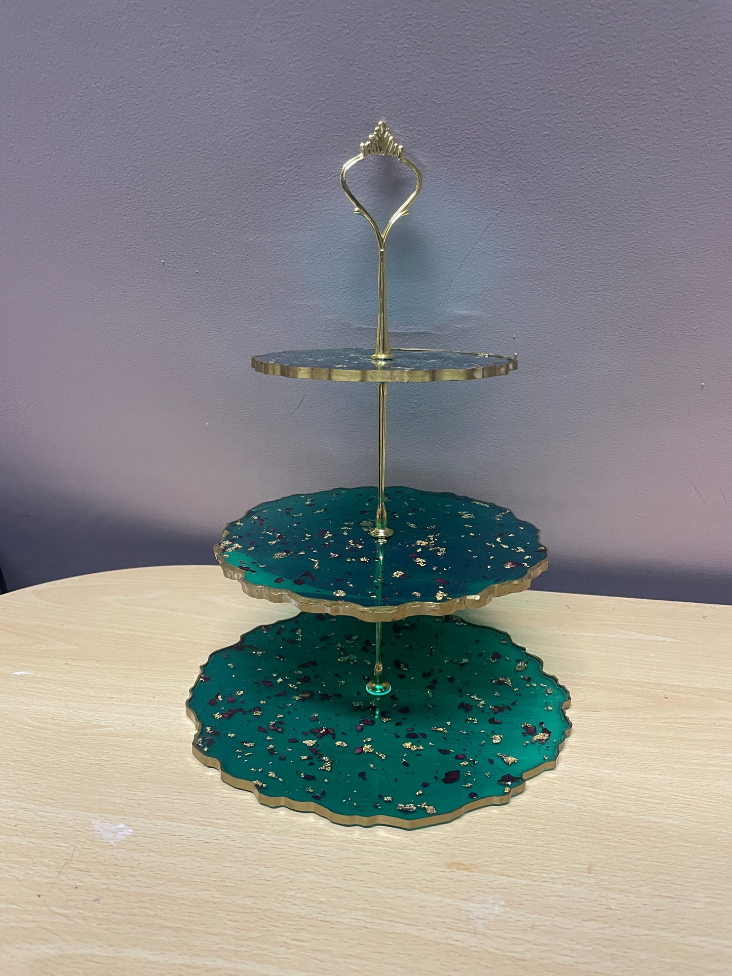 Sparkly Green with rose petals and gold flakes Three Tier Resin Cake Stand