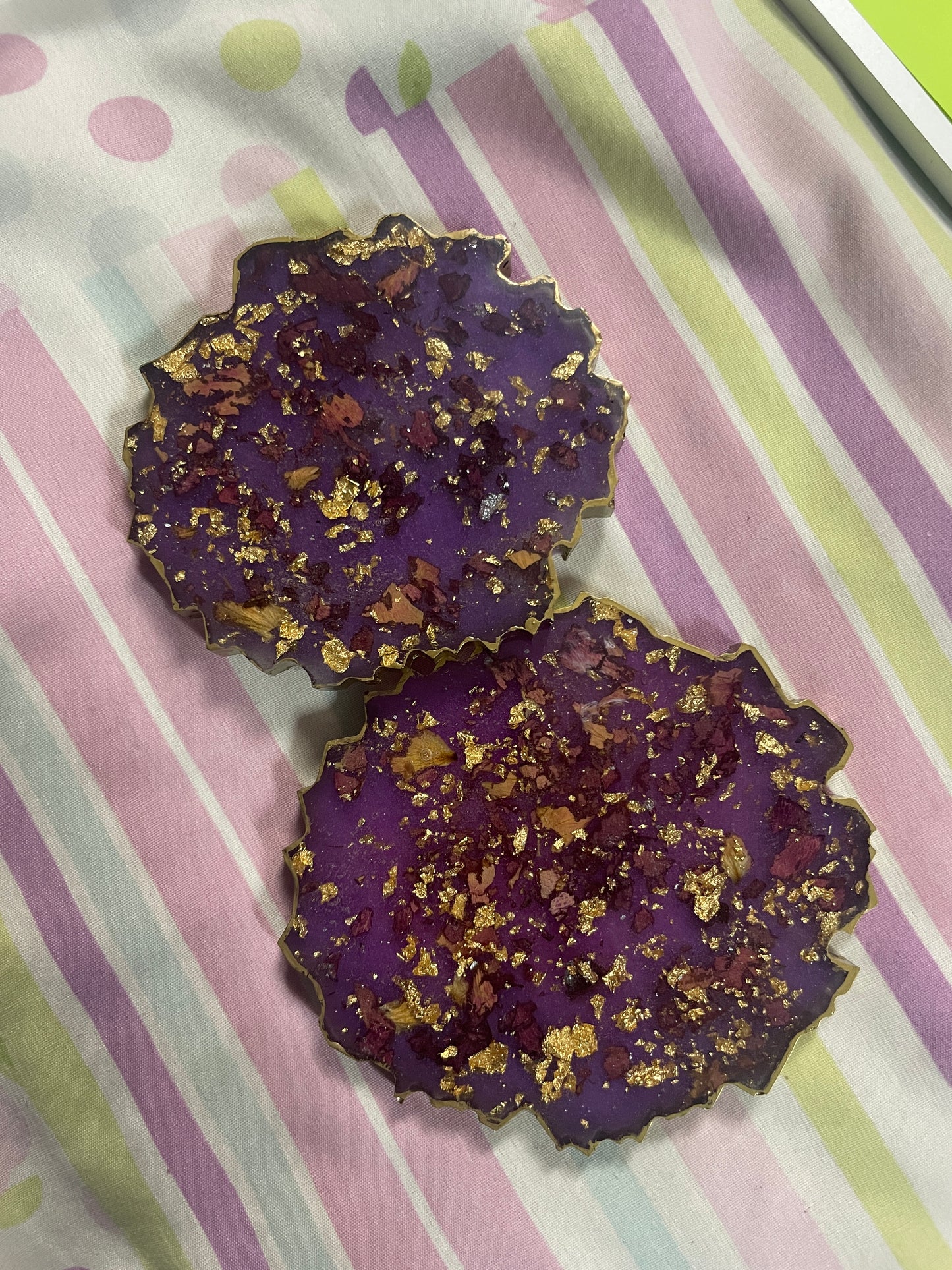 Purple with gold flakes and rose petals Small Irregular Round Coasters - Set of 2