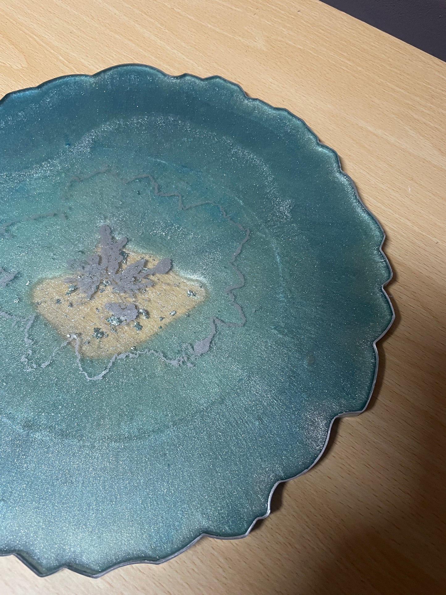 Teal, bluey green and silver with silver flakes - Round Resin Placemat