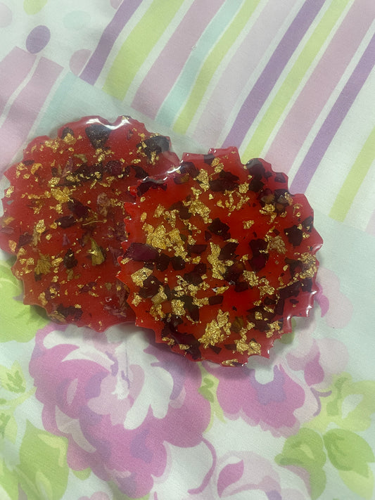 Red with gold flakes and rose petals Small Irregular Round Coasters - Set of 2