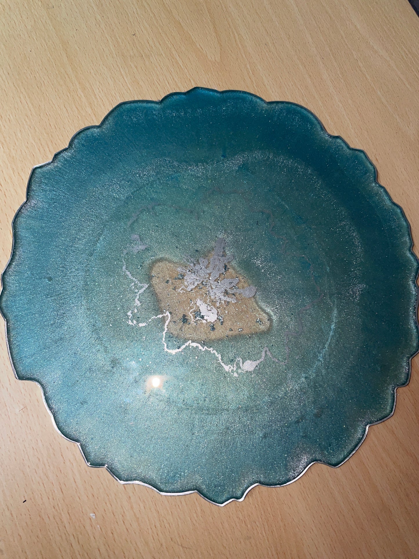 Teal, bluey green and silver with silver flakes - Round Resin Placemat