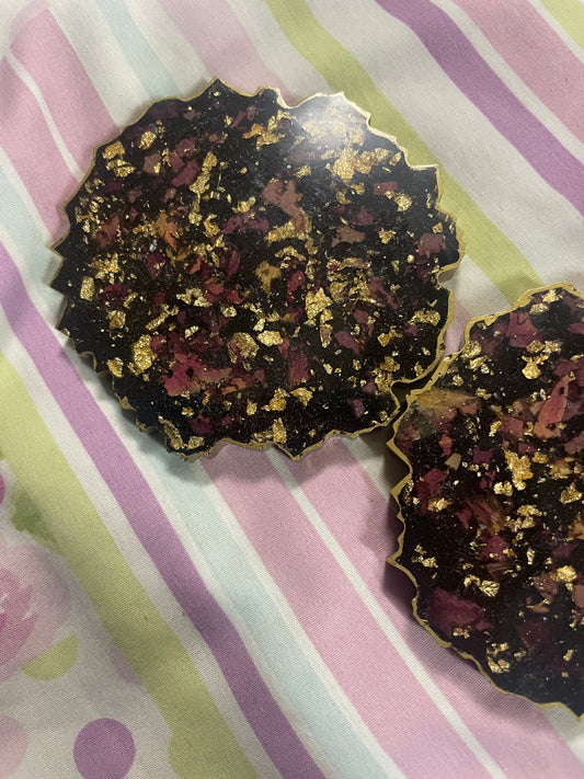 Black with gold flakes and rose petals Small Irregular Round Coasters - Set of 2