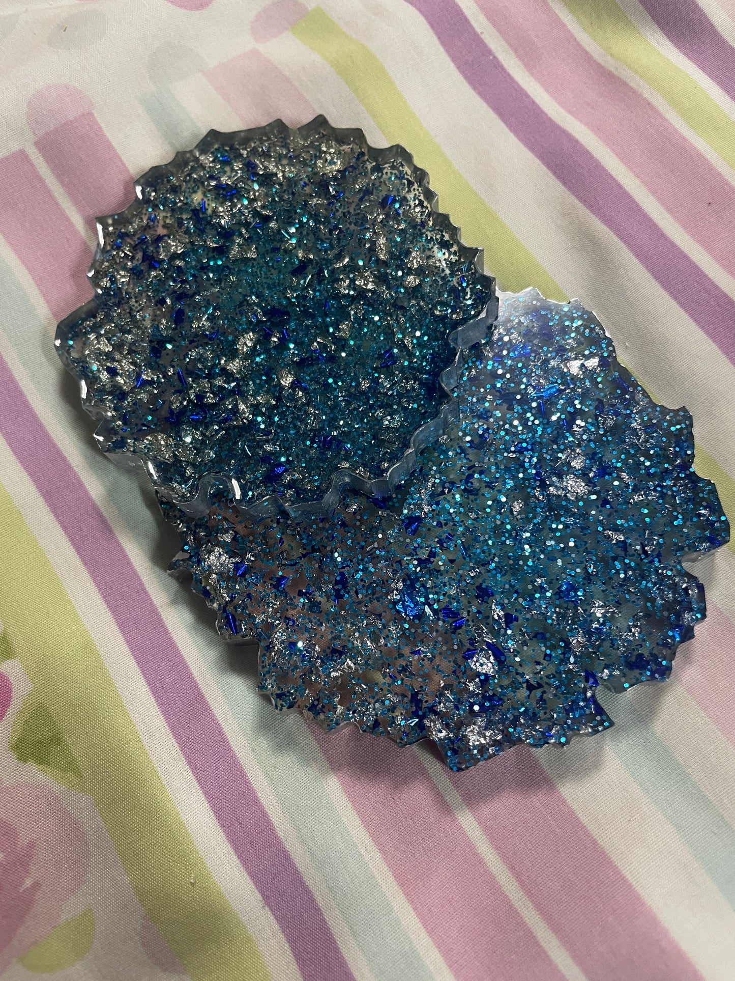 Blue and silver glitter Small Irregular Round Coasters - Set of 2