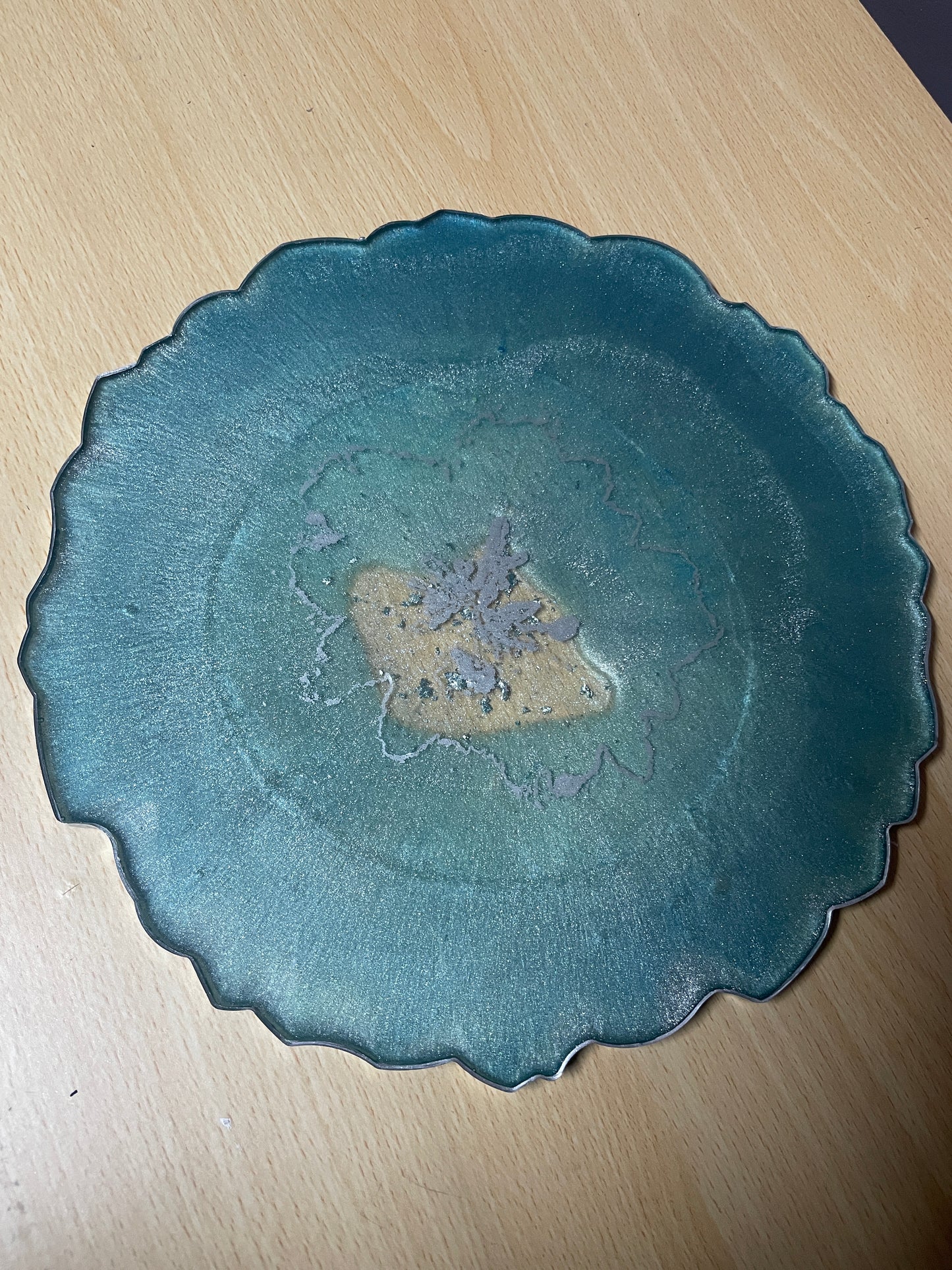 Teal, bluey green and silver with silver flakes - Round Resin Placemat