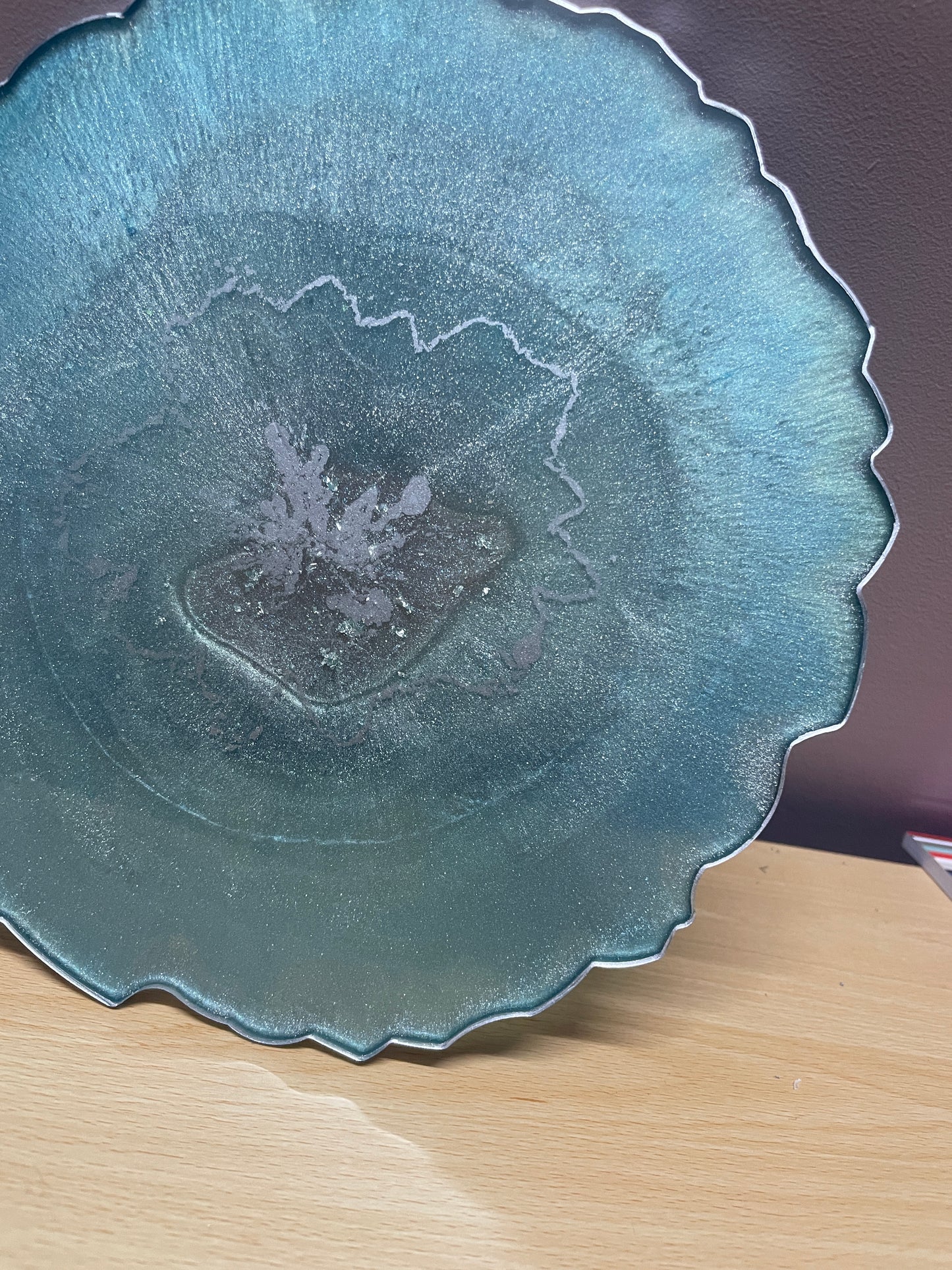 Teal, bluey green and silver with silver flakes - Round Resin Placemat