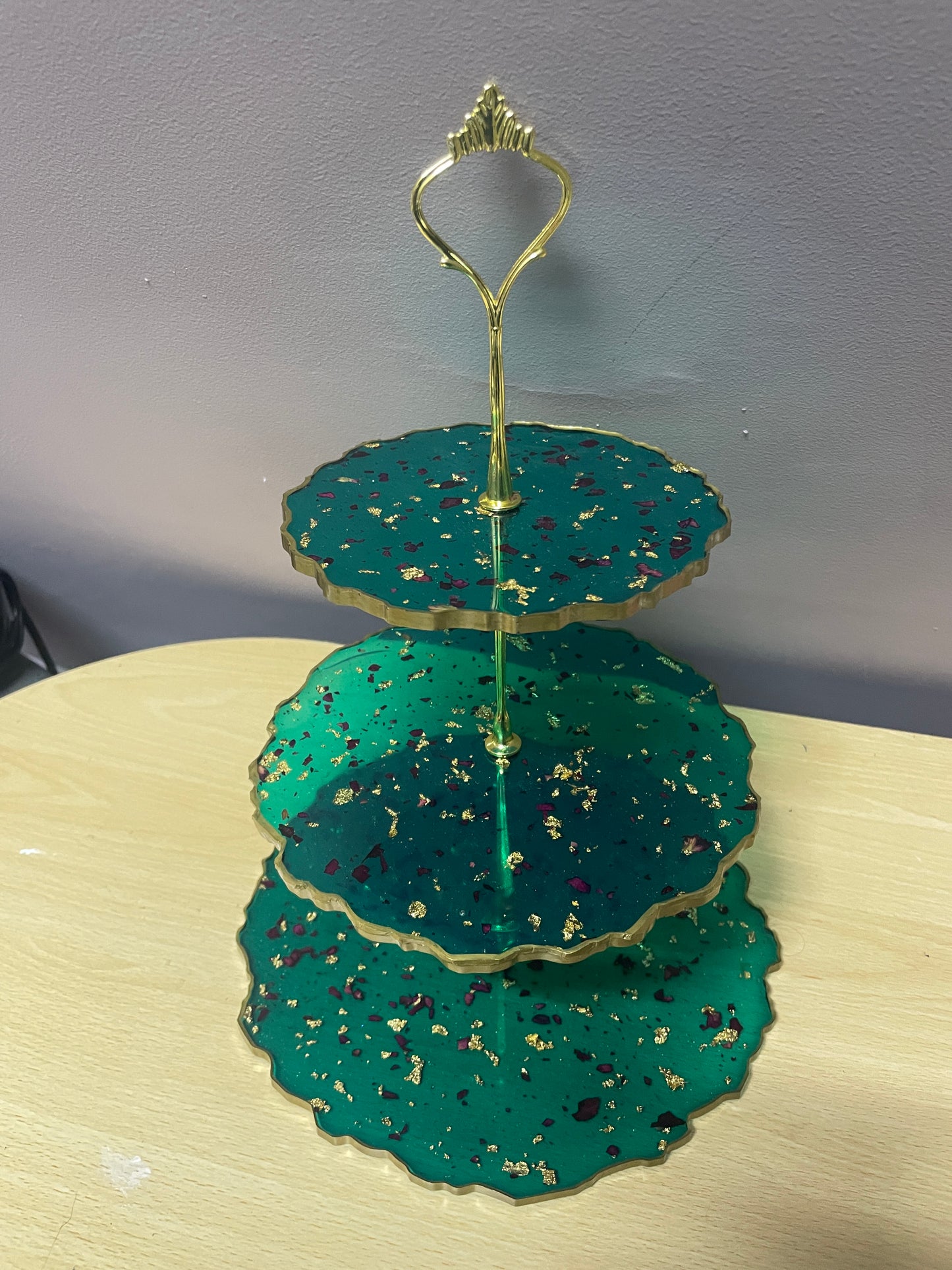 Sparkly Green with rose petals and gold flakes Three Tier Resin Cake Stand