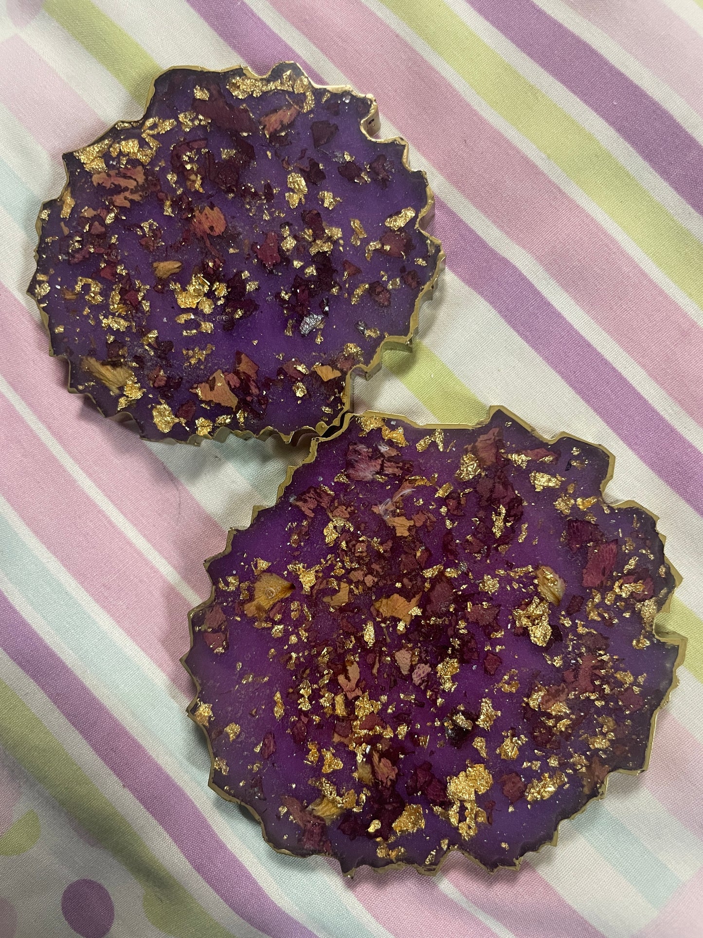 Purple with gold flakes and rose petals Small Irregular Round Coasters - Set of 2