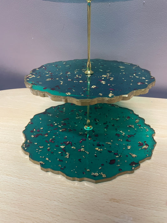 Sparkly Green with rose petals and gold flakes Three Tier Resin Cake Stand