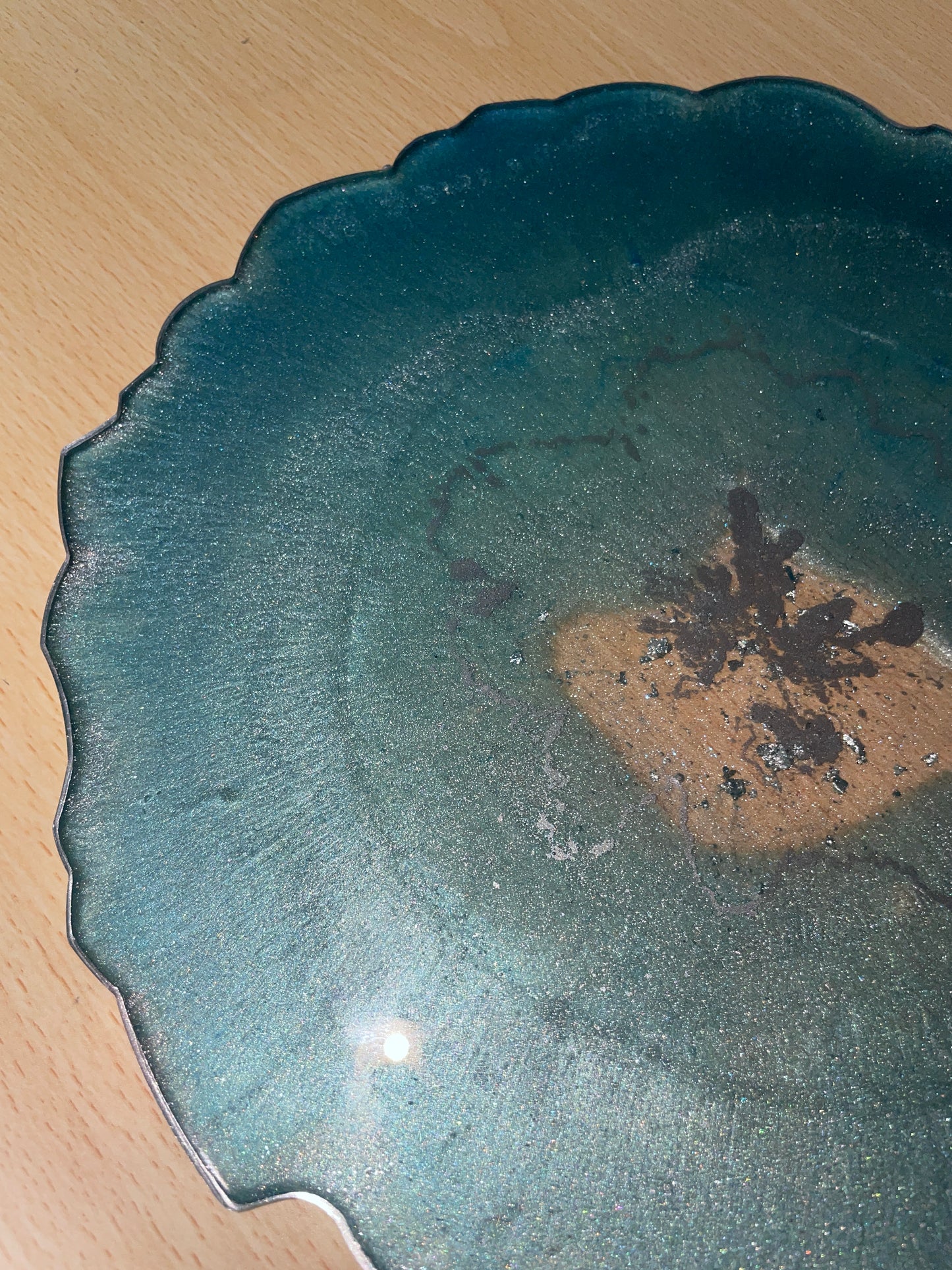 Teal, bluey green and silver with silver flakes - Round Resin Placemat