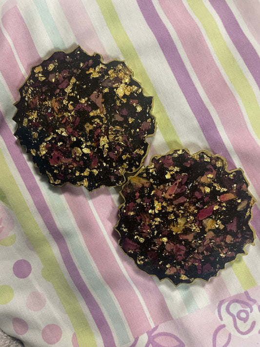 Black with gold flakes and rose petals Small Irregular Round Coasters - Set of 2