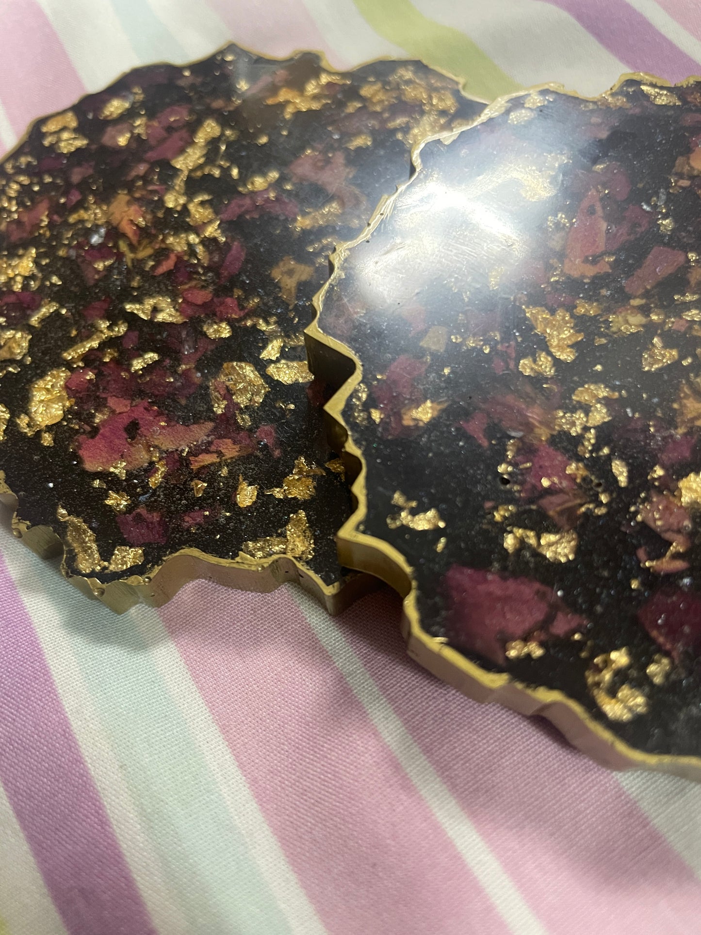 Black with gold flakes and rose petals Small Irregular Round Coasters - Set of 2