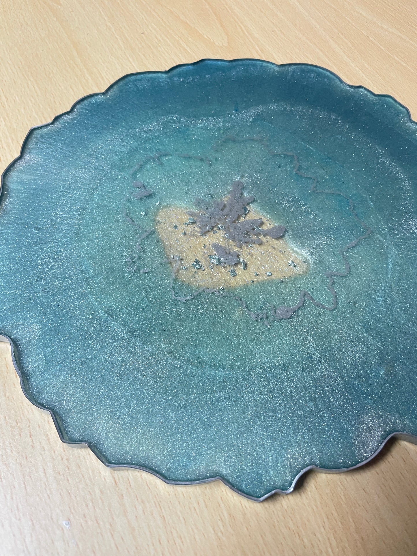 Teal, bluey green and silver with silver flakes - Round Resin Placemat