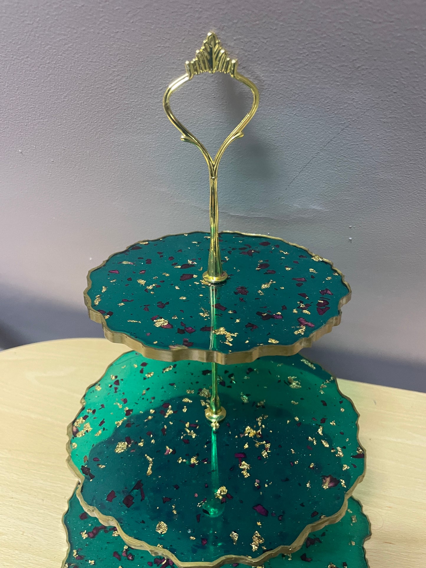 Sparkly Green with rose petals and gold flakes Three Tier Resin Cake Stand