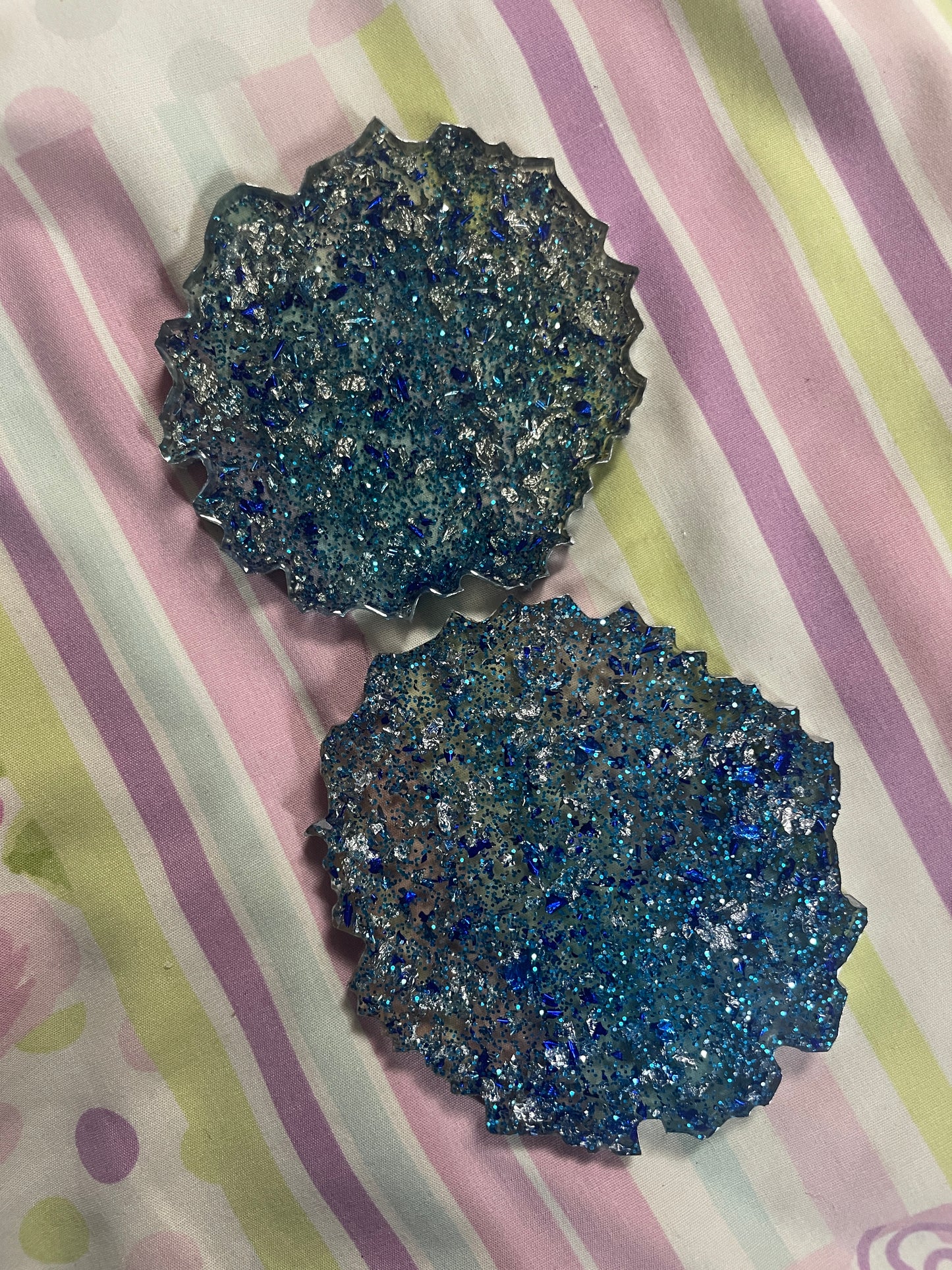 Blue and silver glitter Small Irregular Round Coasters - Set of 2