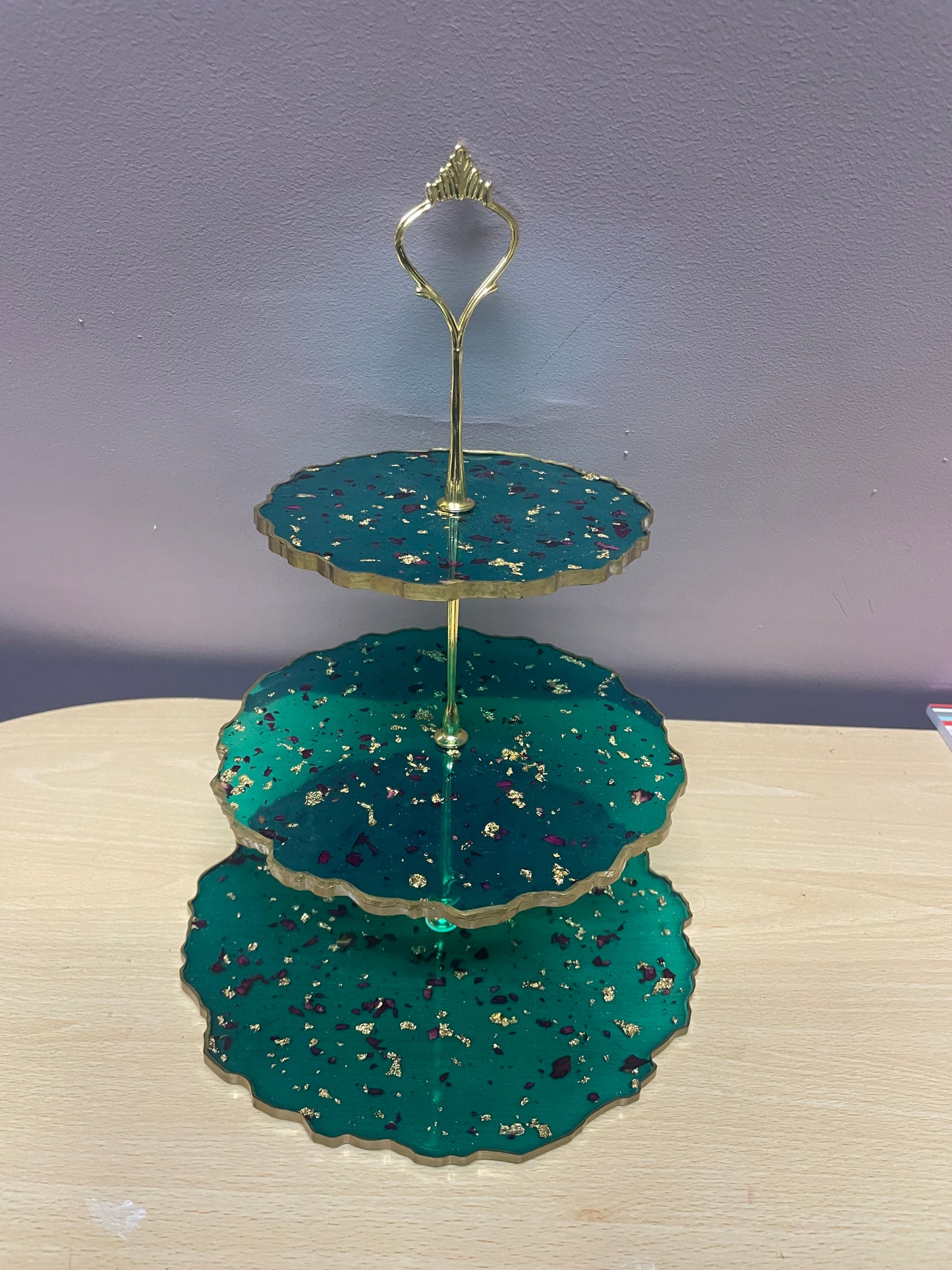 Sparkly Green with rose petals and gold flakes Three Tier Resin Cake Stand