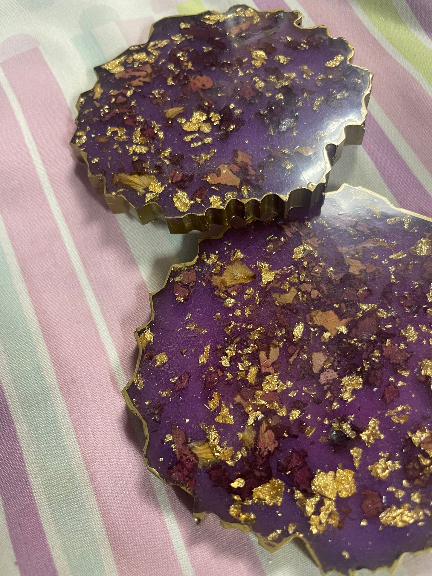 Purple with gold flakes and rose petals Small Irregular Round Coasters - Set of 2