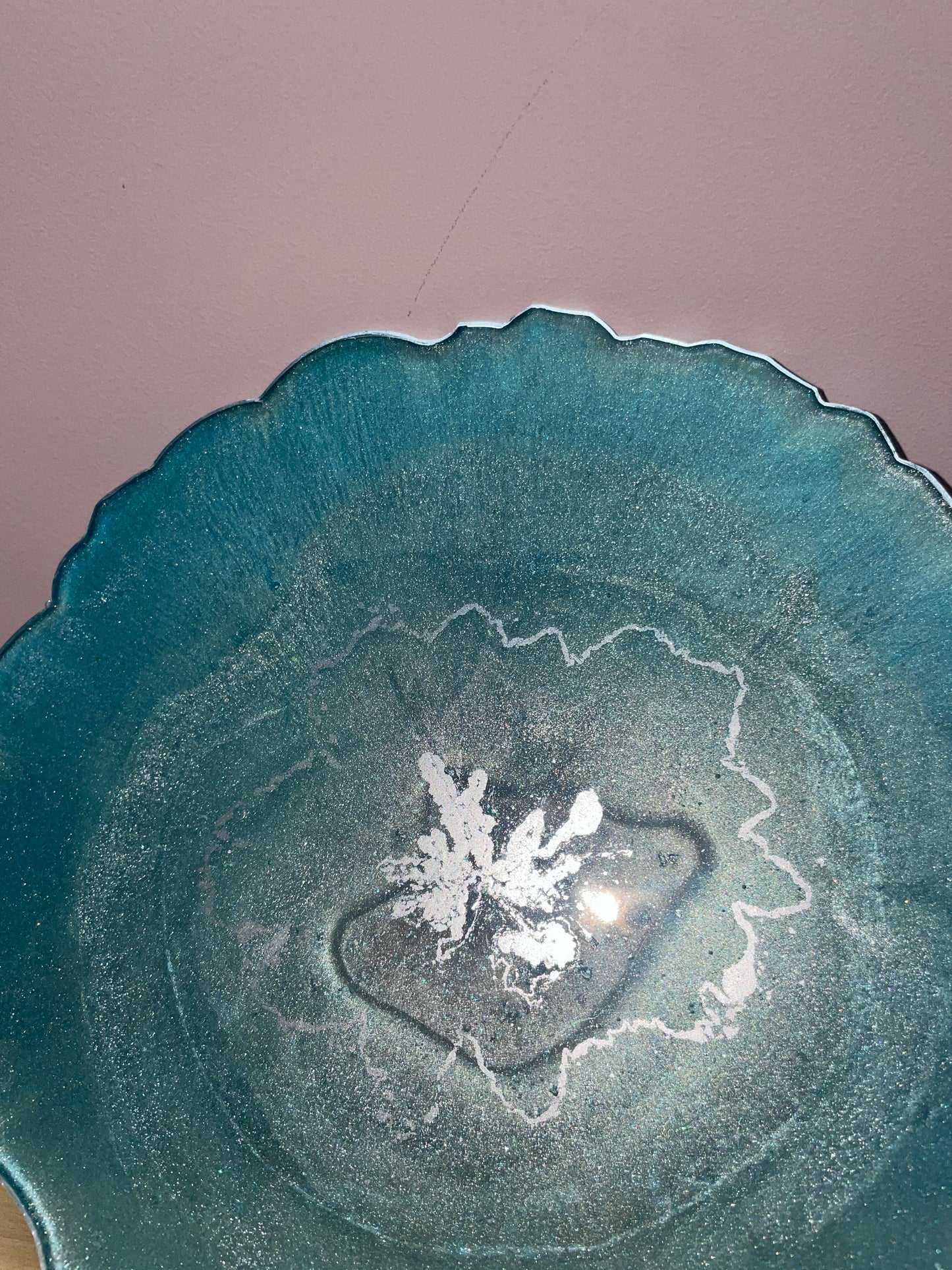 Teal, bluey green and silver with silver flakes - Round Resin Placemat