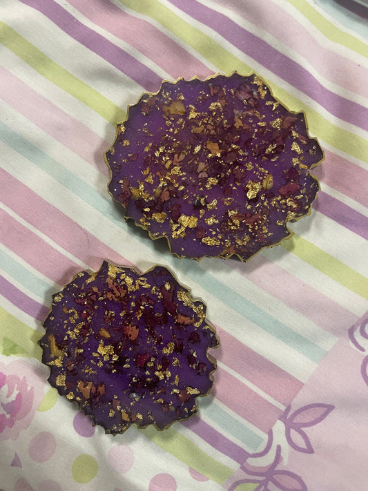 Purple with gold flakes and rose petals Small Irregular Round Coasters - Set of 2