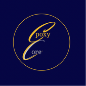 EpoxyCore written within a circle - epoxy in gold and core in silver all on a dark blue background the logo for epoxycore