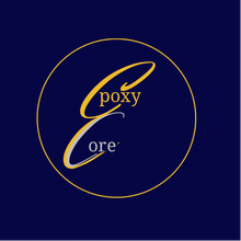 EpoxyCore written within a circle - epoxy in gold and core in silver all on a dark blue background the logo for epoxycore