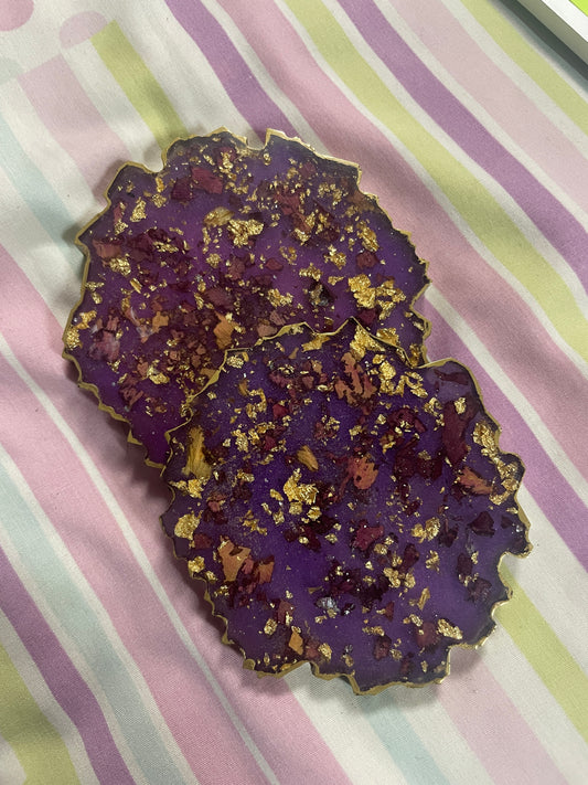 Purple with gold flakes and rose petals Small Irregular Round Coasters - Set of 2