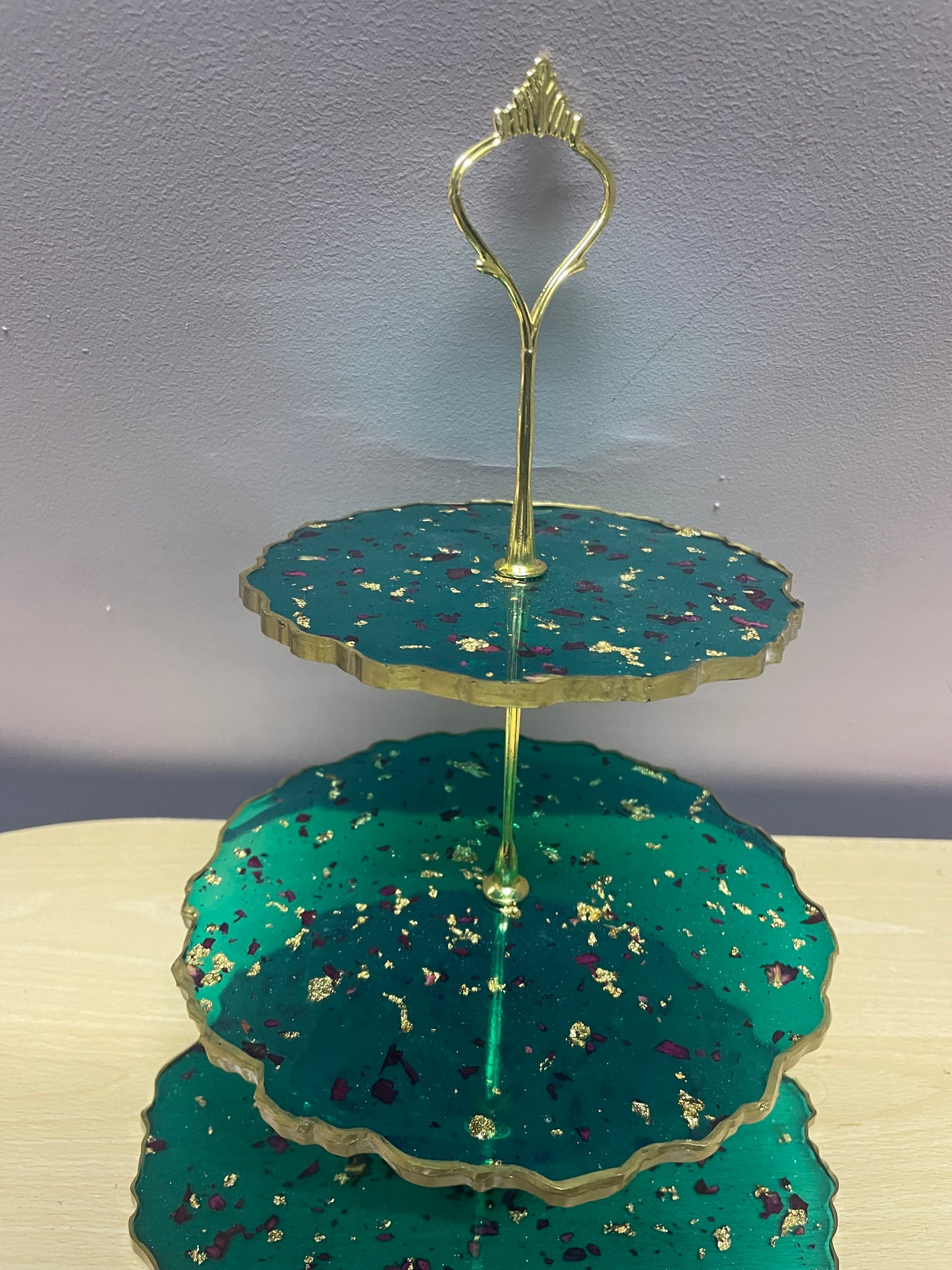 Sparkly Green with rose petals and gold flakes Three Tier Resin Cake Stand