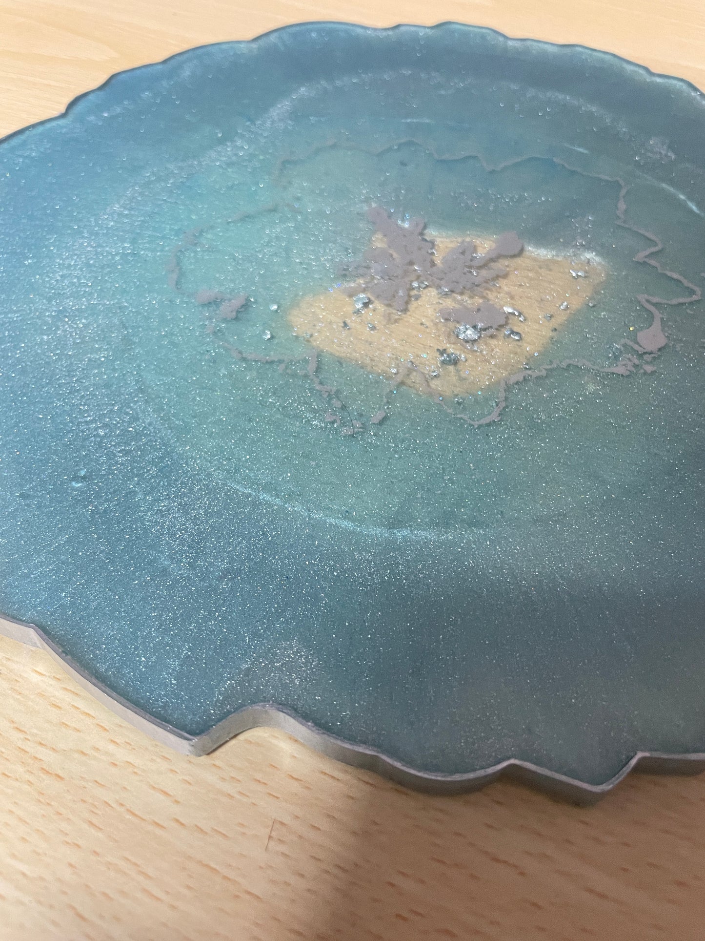 Teal, bluey green and silver with silver flakes - Round Resin Placemat