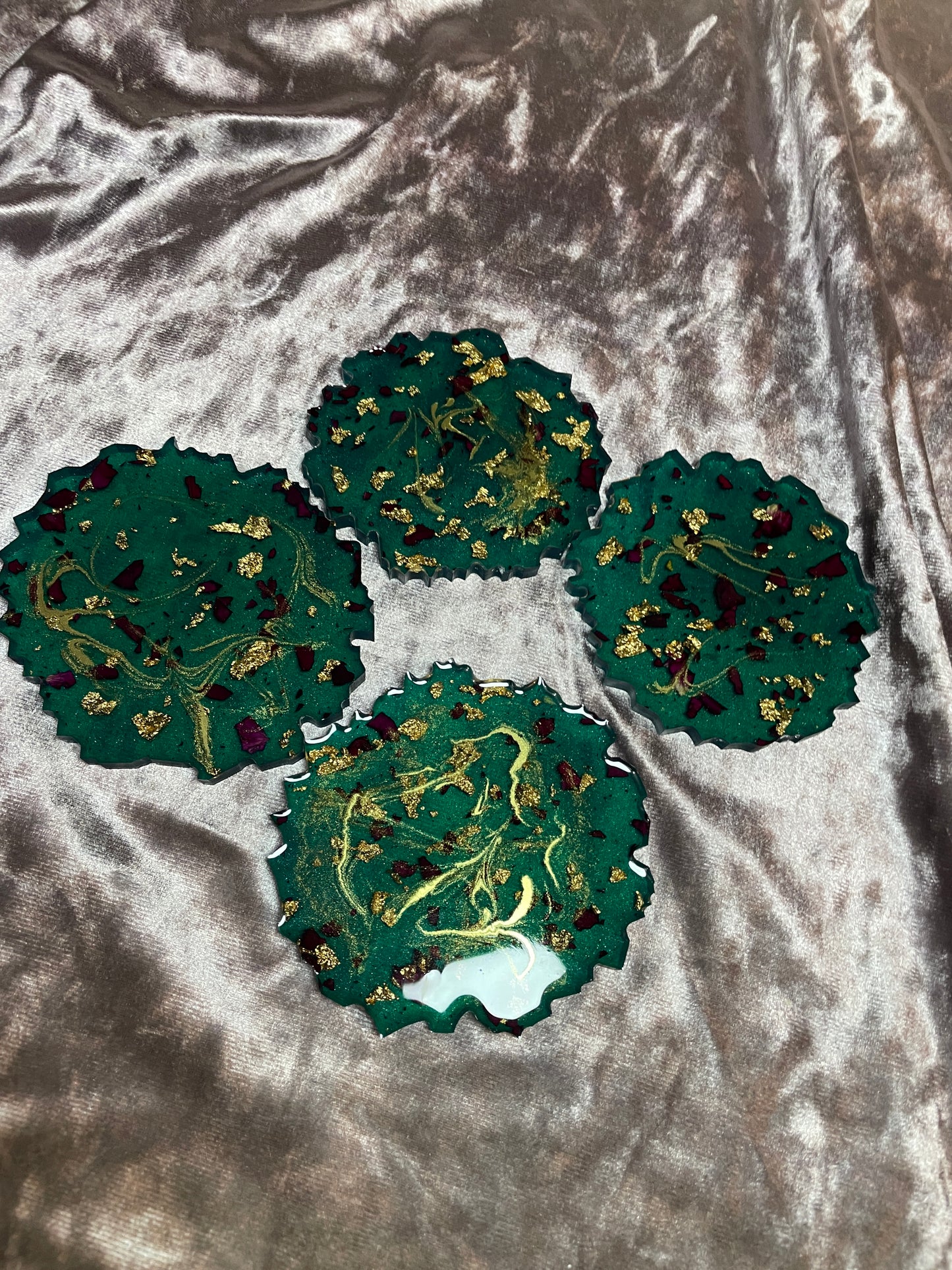 Green with gold flakes and rose petals Small Irregular Round Coasters - Set of 4