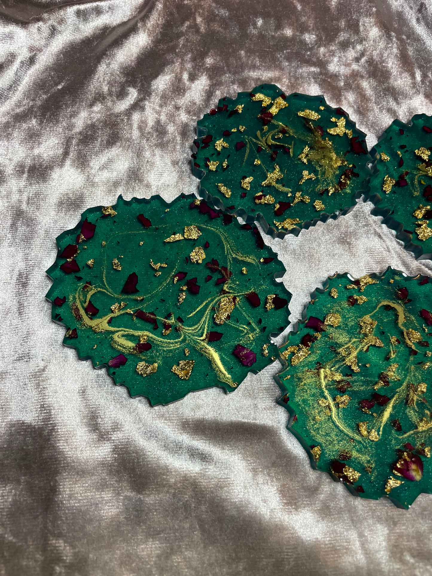 Green with gold flakes and rose petals Small Irregular Round Coasters - Set of 4