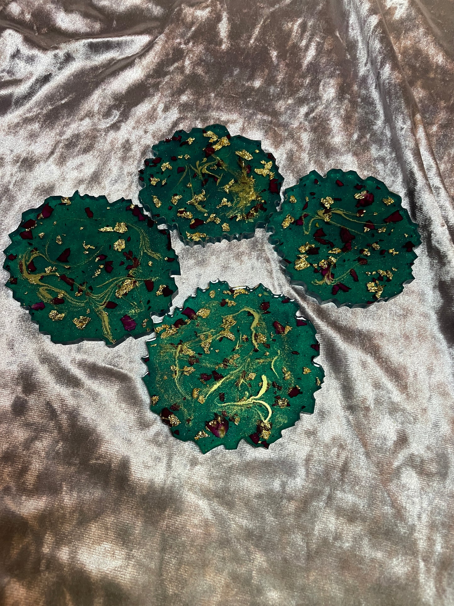 Green with gold flakes and rose petals Small Irregular Round Coasters - Set of 4