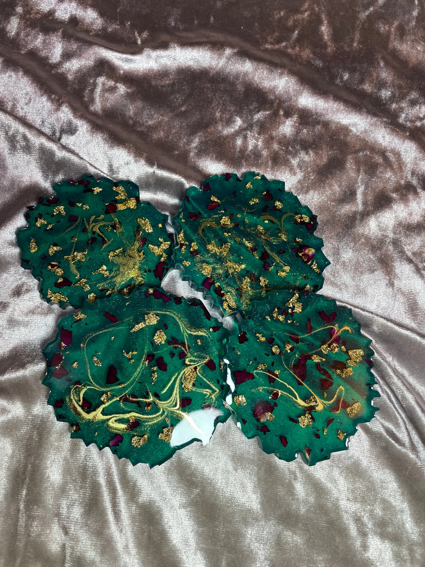 Green with gold flakes and rose petals Small Irregular Round Coasters - Set of 4