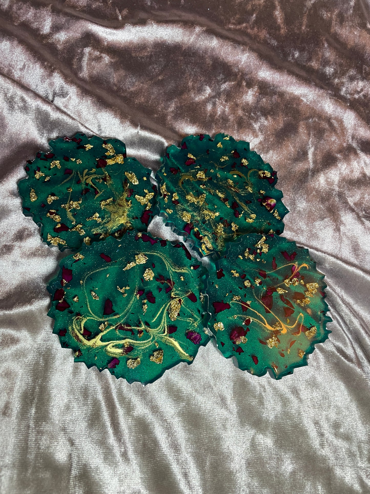 Green with gold flakes and rose petals Small Irregular Round Coasters - Set of 4