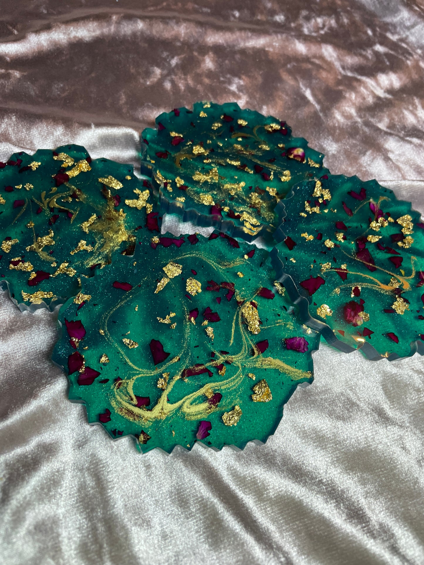 Green with gold flakes and rose petals Small Irregular Round Coasters - Set of 4