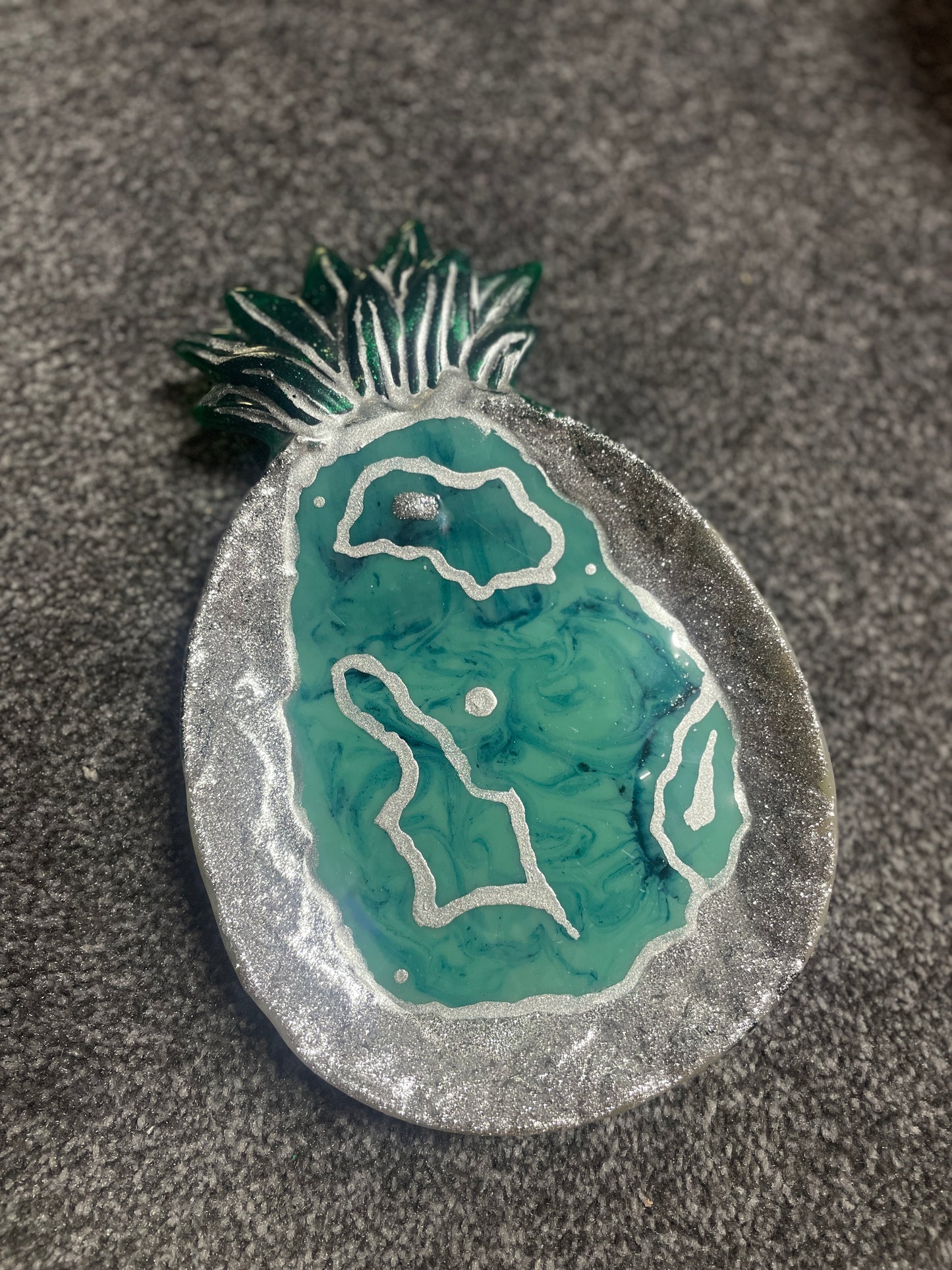 Silver Glitter and green marble geode Pineapple Resin Trinket Tray